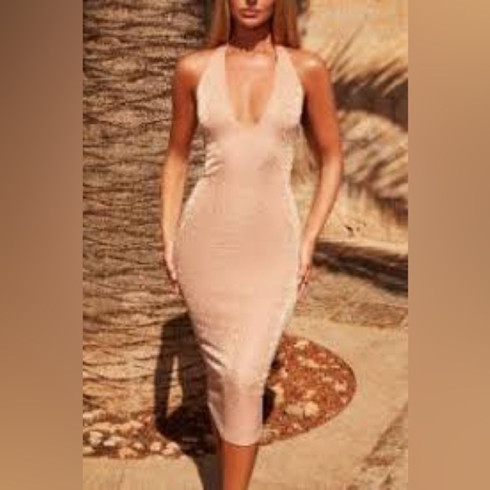 OH POLLY Plunge Neck Halter MIDI Dress In Rose Gold NWT - Picture 9 of 16